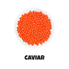 Vector Realistic Illustration of Plate with Caviar. Red Caviar in White Bowl isolated on White Background. Concept Design of Appetizer Seafood, Luxury Delicacy, Russian Caviar in Cartoon Flat Style