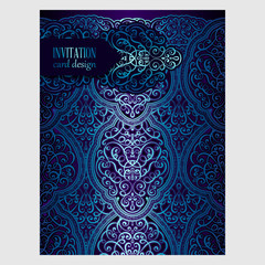 Wedding invitation card with blue shiny eastern and baroque rich foliage. Ornate islamic background for your design. Islam, Arabic, Indian, Dubai.