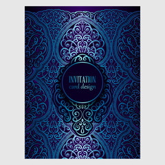 Wedding invitation card with blue shiny eastern and baroque rich foliage. Ornate islamic background for your design. Islam, Arabic, Indian, Dubai.