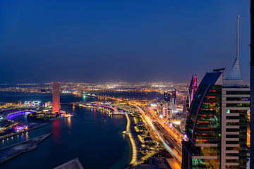 Beautiful aerial view of illuminated Bahrain Bay and Manama city, Manama, Bahrain.