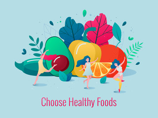 Concept of healthy lifestyle vector illustration. Healthy happy women dancing in front of vegetables and fruits.