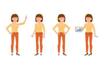 Obraz premium Happy, smiling, cute brown hair young office woman in orange pants vector illustration. Standing with tablet, showing victory sign girl cartoon character set on white background