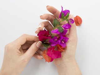 Manicured hands holding colorful flowers