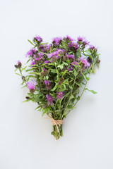 Bouquet od wild purple flowers on grey background. View from above. Space for text.