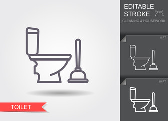 Toilet bowl and plunger. Line icon with editable stroke with shadow