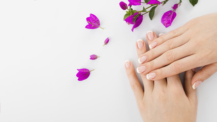 Woman's hands and flowers with copy space