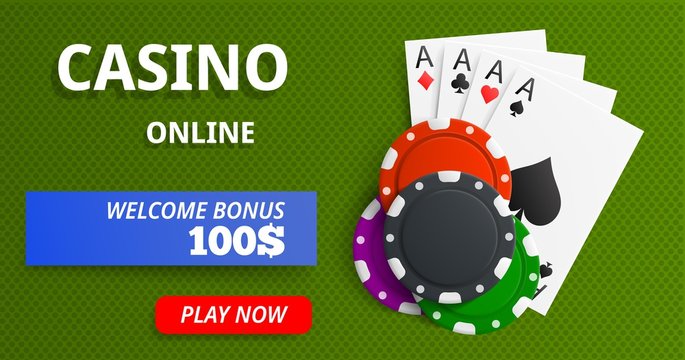 Casino online banner with green background, chips and cards, four ace. Vector illustration concept.