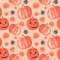 watercolor halloween seamless pattern with pumpkins, spiders, circles. Pattern suitable for decoration for party, invitation, greeting card, fabric