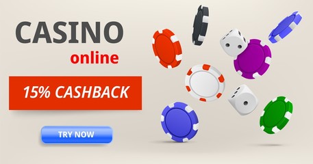 Casino online banner with chips and dice. Vector illustration concept.