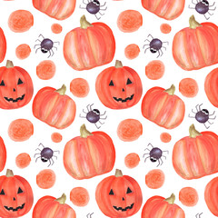 watercolor halloween seamless pattern with pumpkins, spiders, circles. Pattern suitable for decoration for party, invitation, greeting card, fabric