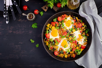 Late breakfast - fried eggs with vegetables. Shakshuka. Arabic cuisine. Kosher food. Top view