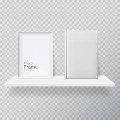 Blank frame and white book on shelf. Realistic picture frame and white book on white realistic shelf.