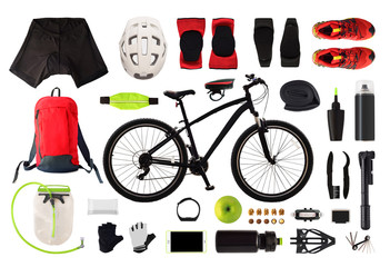 Flat lay of bicycle equipment and accessories isolated on white background. Top view of bike...