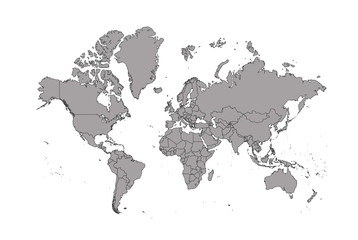 Fototapeta premium Blank Grey similar World map isolated on white background. Monochrome Worldmap Vector template for website, design, cover, annual reports, infographics. Flat Earth Graph World map illustration.