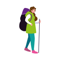 man with backpack and stick hiking traveler