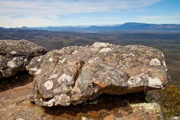 A rocky granite outcrop overlooking the Victoria Valley in the Grampians National Park, Victoria, Australia.