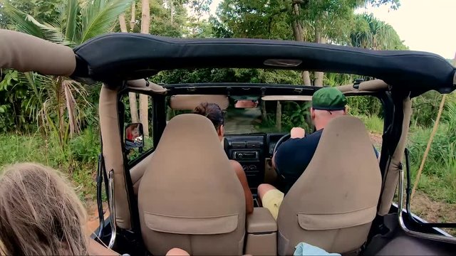 Samui / Thailand - 06 02 2019: Wrangler without a roof travels through the jungle of Thailand