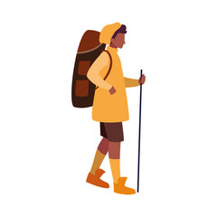 man with backpack and stick hiking traveler