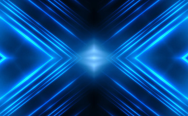 Dark abstract futuristic background. Neon lines, glow. Neon lines, shapes. Blue glow