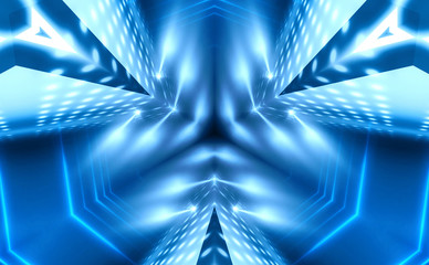 Dark abstract futuristic background. Neon lines, glow. Neon lines, shapes. Blue glow