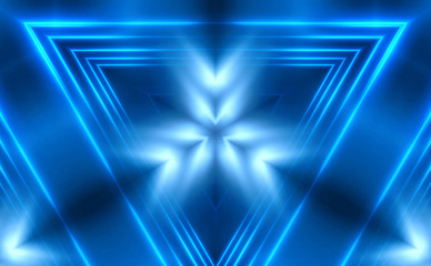 Dark abstract futuristic background. Neon lines, glow. Neon lines, shapes. Blue glow