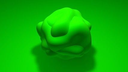 3D sphere of irregular shape with a curved surface. The object is green on a green background. 3D rendering of abstract object, image for desktop, background screensaver of pleasant color.