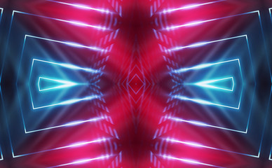 Dark abstract futuristic background. Neon lines, glow. Neon lines, shapes. Pink and blue glow