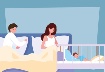 parents in bed with baby in crib