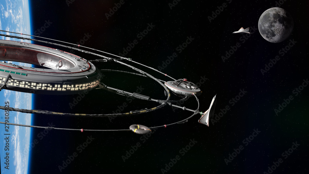 Wall mural space station in orbit of planet earth, gateway platform to the moon, futuristic habitat in outer sp