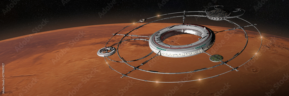 Wall mural space station with spaceship in orbit of planet mars