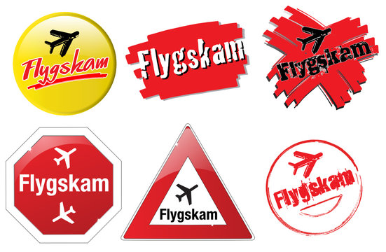 "Flygskam" buttons say that some people have a guilty conscience when flying by plane.