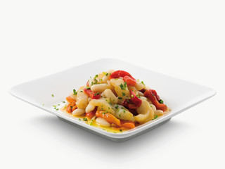 Ensalada de alubias  con verduras sobre fondo blanco.  Bean salad with vegetables on white background.