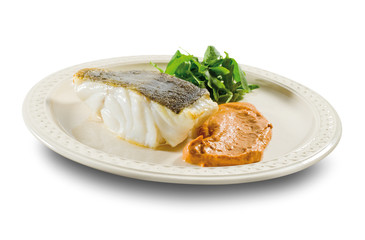 pescado cocina bacalao con  puré de verdura. fish cooking cod with vegetable puree