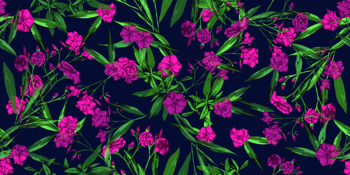 Summer cheerful floral seamless pattern wallpaper- adelfa hot pink and green flowers over dark blue background - Vector