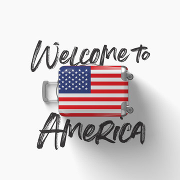 Welcome to America. national flag on a travel suitcase. 3D Render