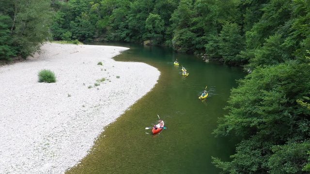 Aerial view of people kayaking on the Tarn river gorges du Tarn France forest 