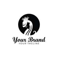 beautiful luxury logo template of woman's long hair wearing crown in round shape black and white color