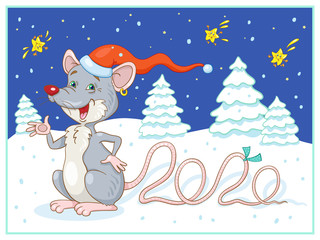 Greeting card. Funny rat-a symbol of the New year sitting on a winter meadow. In a cartoon style.