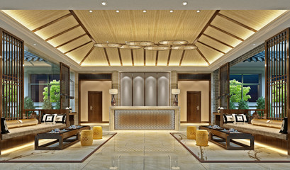 3d render of luxury hotel lobby and reception