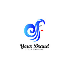 logo template of chic woman with curly hair in blue shade