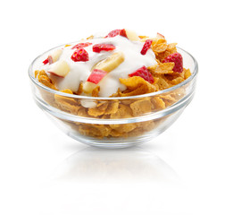 desayuno, cereales con yogurt, frambuesas y plátano. breakfast, cereals with yogurt, raspberries and banana