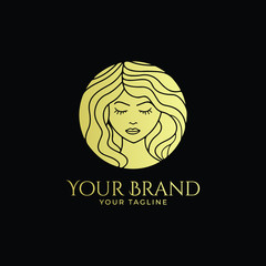 logo template of woman's face with abxtract and curly hair in round shape in gold color