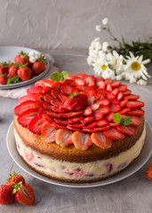Sponge cake with strawberries and vanilla jelly decorated with strawberry slices and mint leaves on a gray background. Fraisier cake. Vertical orientation, side view.