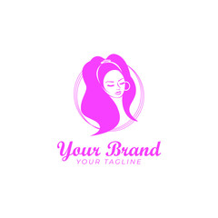 logo template of young woman with long hair in circle