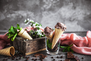 Chocolate ice cream and spring flowers