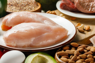 fresh raw chicken breasts on white plate near nuts, egg and avocado, ketogenic diet menu