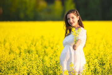 Naklejka na ściany i meble Summer pregnancy, in the warm season. Beautiful portrait of a pregnant woman on a warm summer day in the nature. Pregnancy and season concept