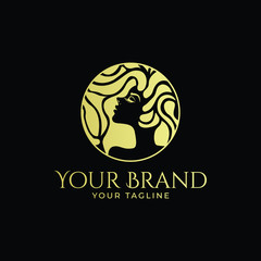 luxury logo template of woman's face with abstract curly hair in gold color