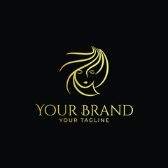 luxury minimalist monoline logo of woman face and hair in gold