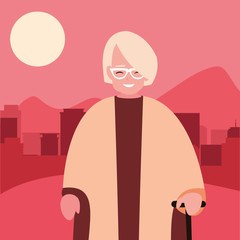cute grandma with walk stick outdoors